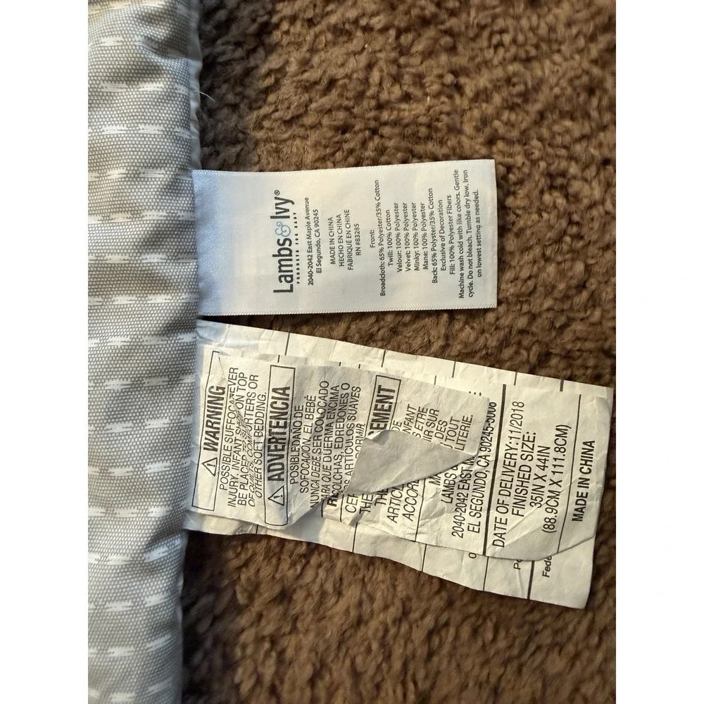Lambs & Ivy Safari Adventure Jungle Crib Quilt Gray Embroidered Cotton Polyester